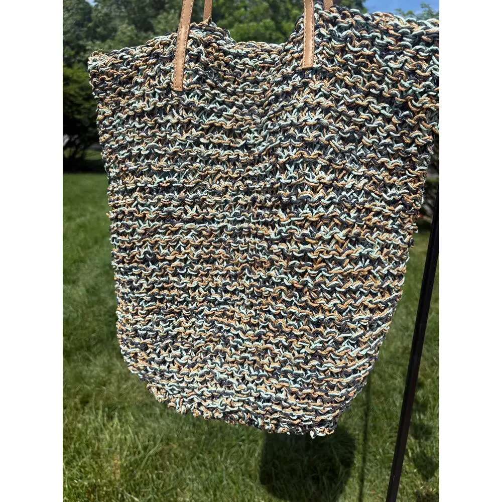 Slouchy Straw Beach Bag Teal Tan Boho Cottagecore Farmers Market